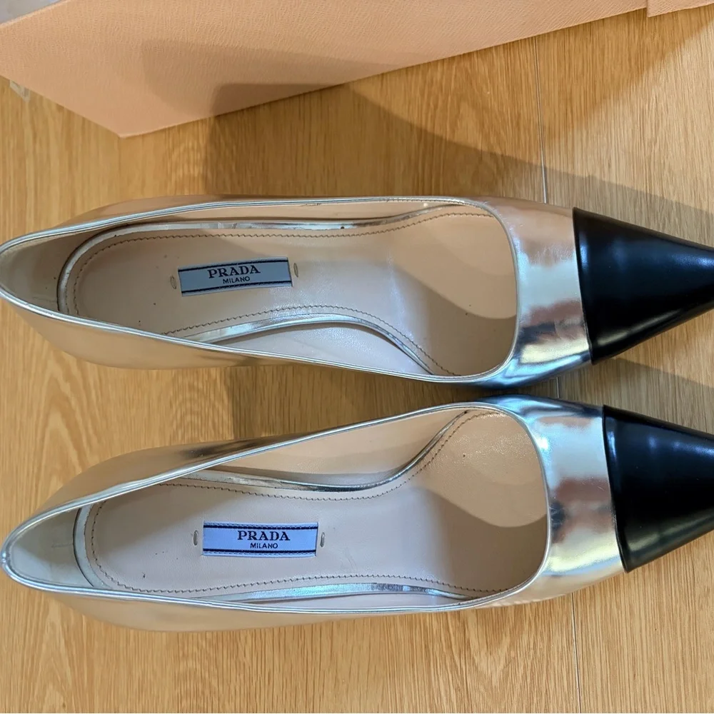 Prada Metallic Silver and Black Heels - Picture 3 of 8